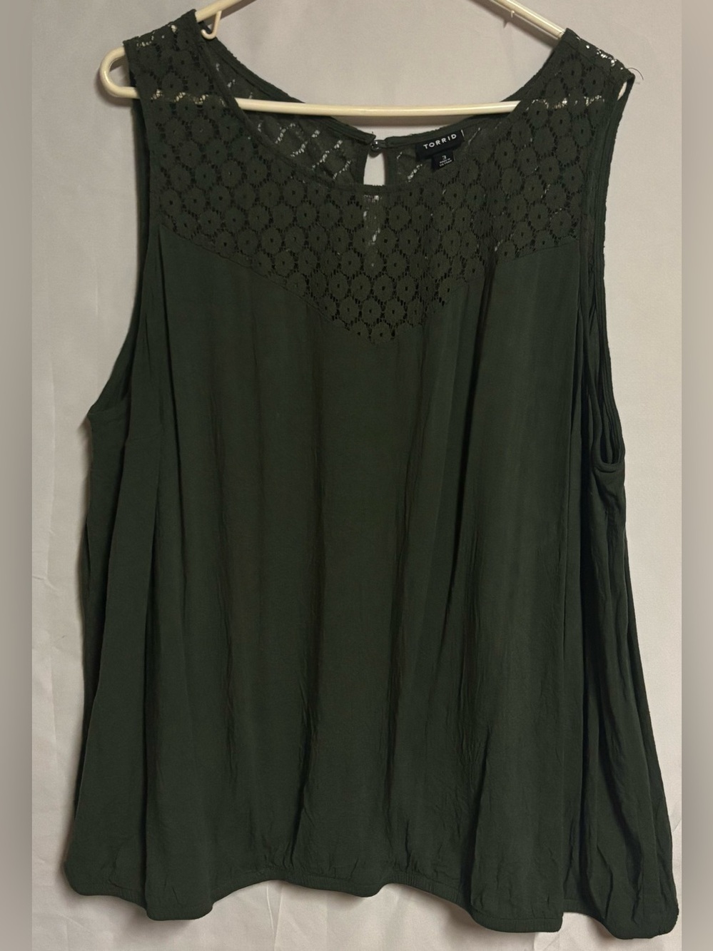 Torrid Dark Olive Lace Crochet Yoke Sleeveless Smocked Camisole